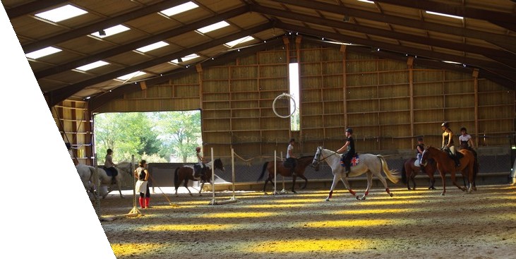 Cours collectif d'équitation cheval en manege couvert pour les enfants, les adolescents et les adultes au centre equestre de la dame blanche chaponost lyon rhone